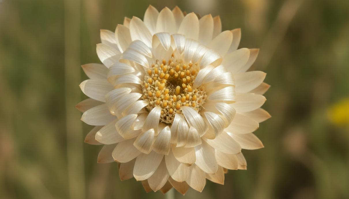 Соцветие бессмертника (Helichrysum) крупным планом на размытом фоне поля. Видны мелкие цветки и сухие лепестки-обёртки.
